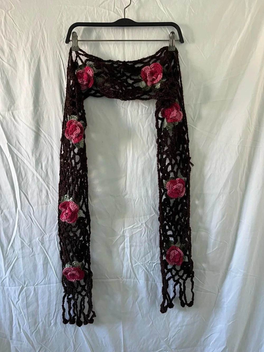 Handmade Vintage Whimsical Brown Knitted Floral Neck Scarf With Fringe